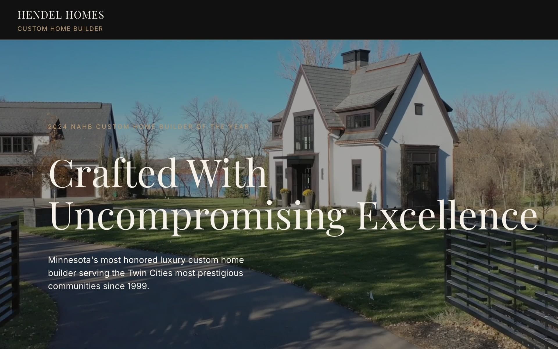 Walkthrough of the live Hendel Homes concept on desktop, from the hero down every section to the footer