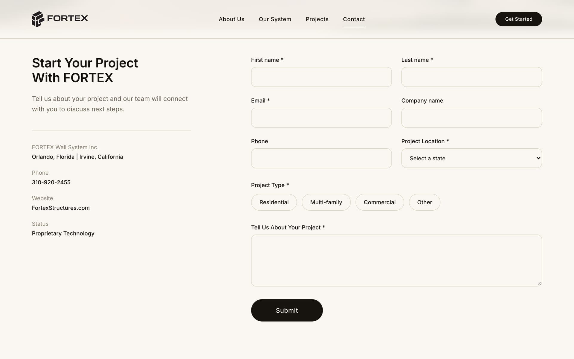 The project inquiry form on the live fortexsystem.com contact page