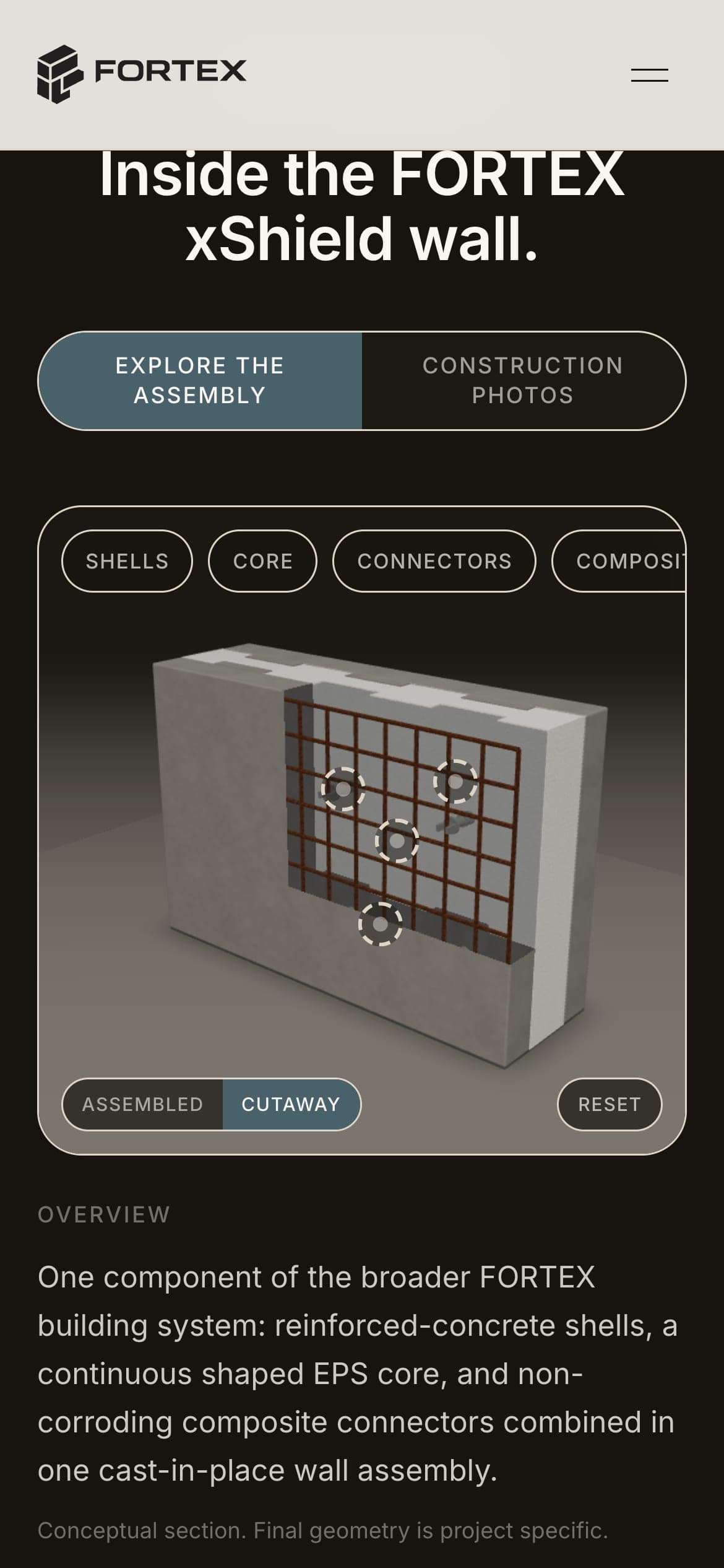 The interactive FORTEX wall model on a phone, on the live fortexsystem.com