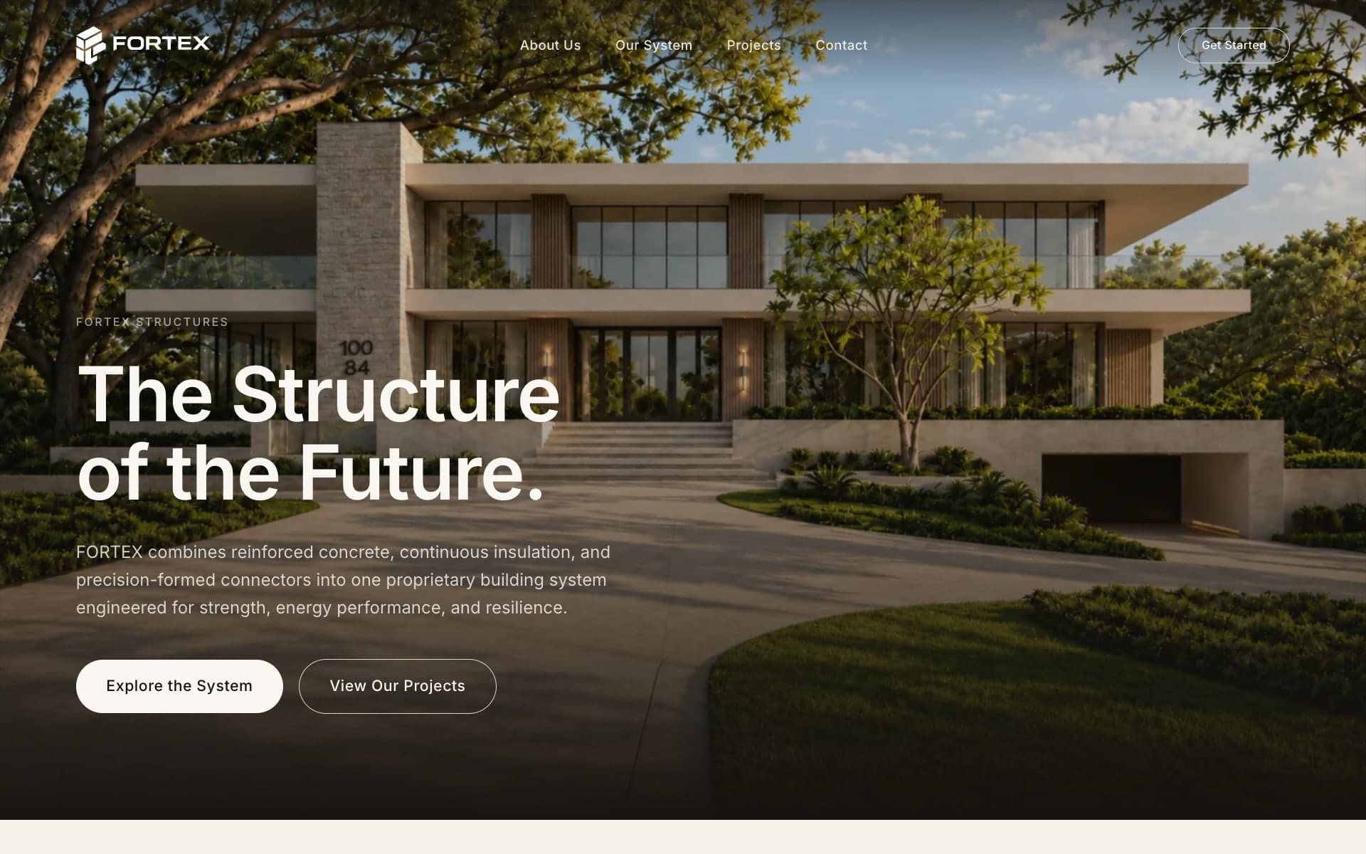Walkthrough of the live FORTEX homepage on desktop, from the hero to the footer: the visual study tabs, the interactive xShield wall model stepped through its layers, orbited and cut away, and the three residences browsed
