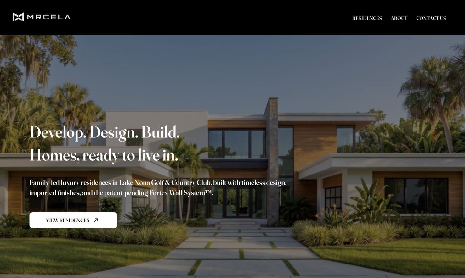 The current live mrcela.com homepage hero — a completed Lake Nona residence