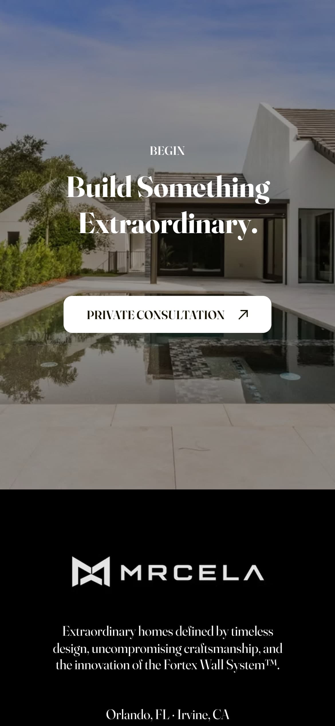 The live mrcela.com on a phone: Build Something Extraordinary over a finished pool home, above the MRCELA brand footer